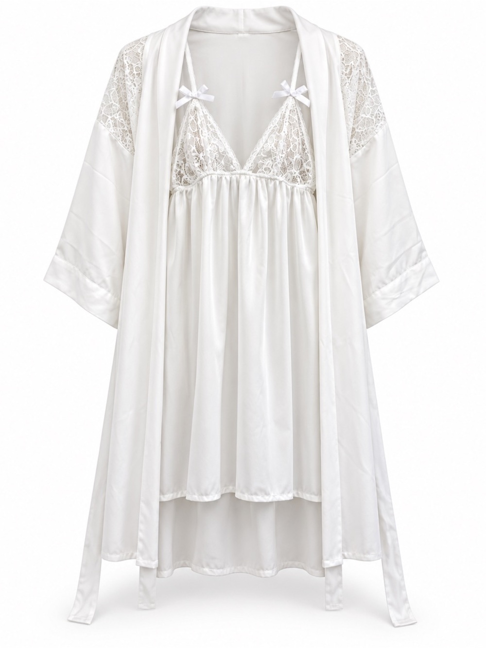 Youmita White Satin Lace Robe & Chemise Lingerie Set